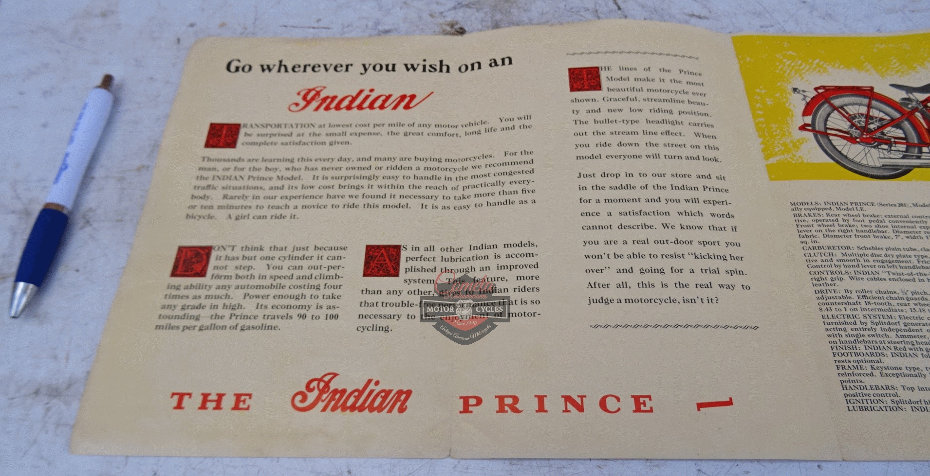 CATALOGO ORIGINAL INDIAN PRINCE MODELO 201 AÑO 1928  